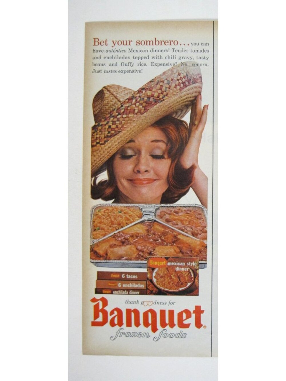 Print Ad Banquet Frozen Foods Mexican Style Dinner Kitchen Decor 1963 MOD AD